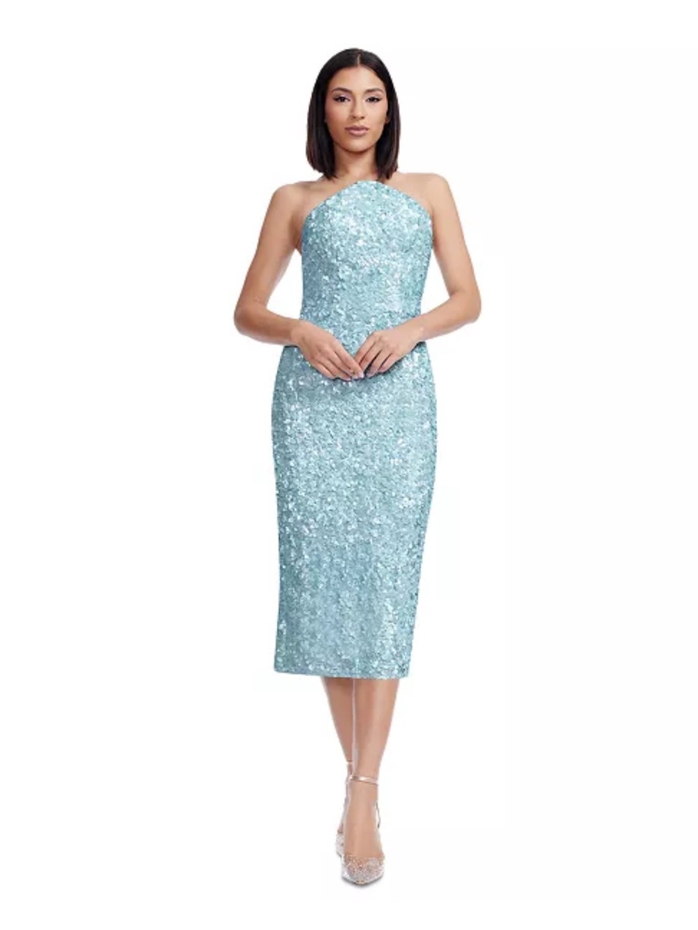 Dress the Population Strapless Sequin Midi Dress in Aqua